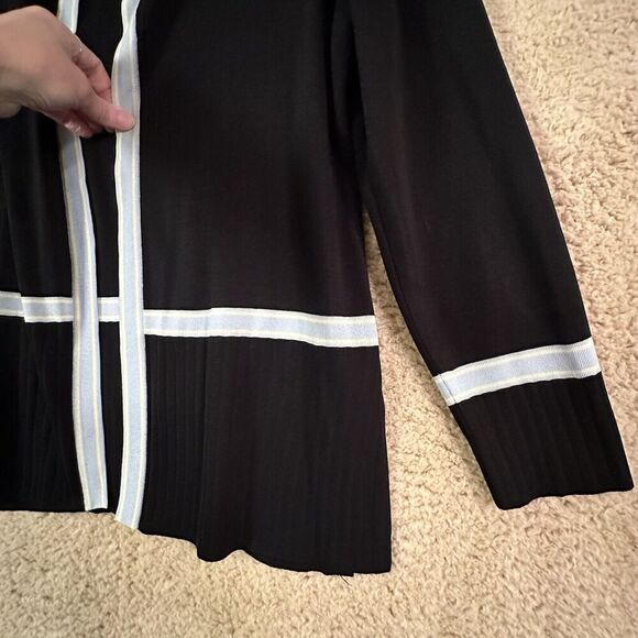 Misook Black Azure Blue Butter Yellow Trim Open Front Long Jacket M Quiet Luxury - Picture 12 of 16